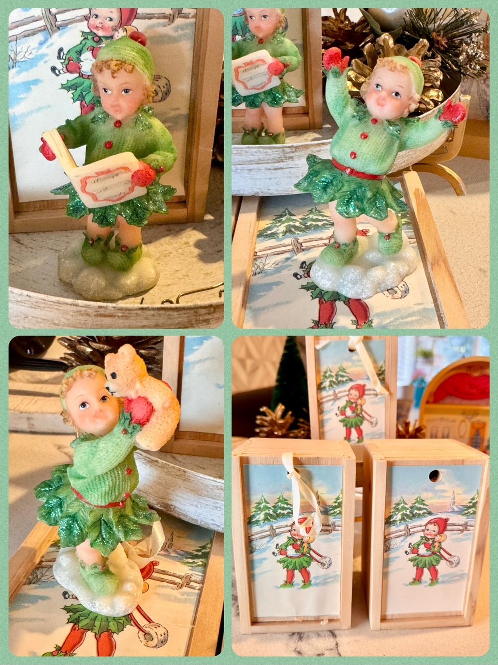 🎄VTG 1997 Roman Inc. Hollykids Figurine Trio Set with Original Wood Boxes
